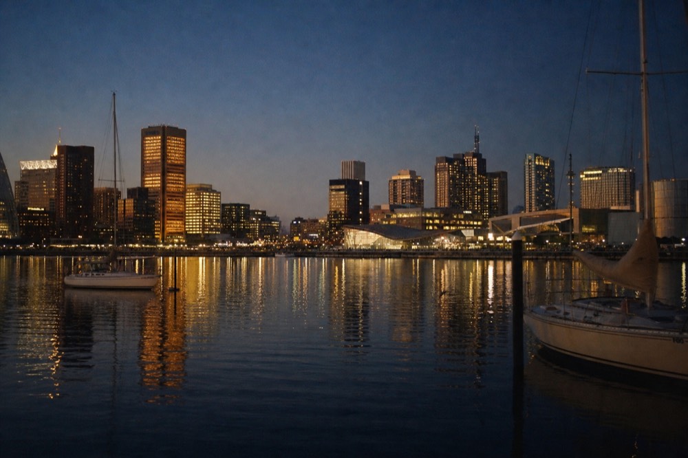 The Inner Harbor skyline at blue hour seen from the water, office towers lit gold against deep indigo sky, lights mirrored on the still basin