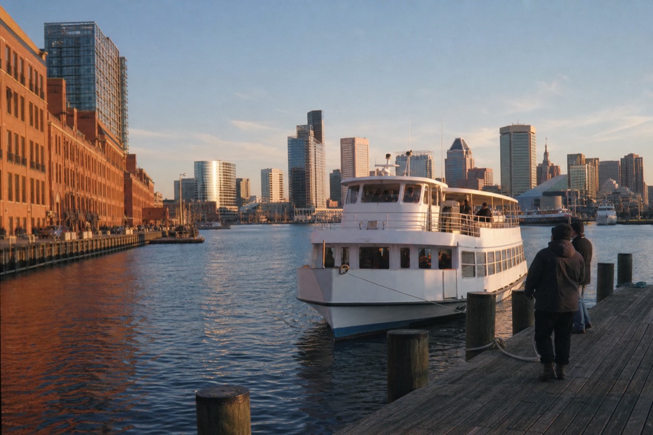A white passenger boat easing up to a wooden harbor dock at midday, ropes ready, the Baltimore skyline of glass towers rising behind calm blue water