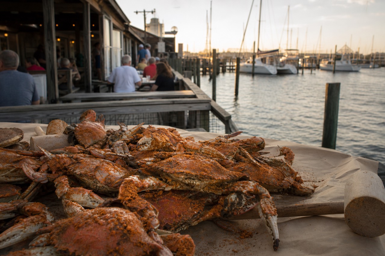 A paper-covered picnic table piled with steamed blue crabs dusted in rust-red seasoning and wooden mallets, a waterfront crab shack and moored boats blurred behind in warm afternoon light