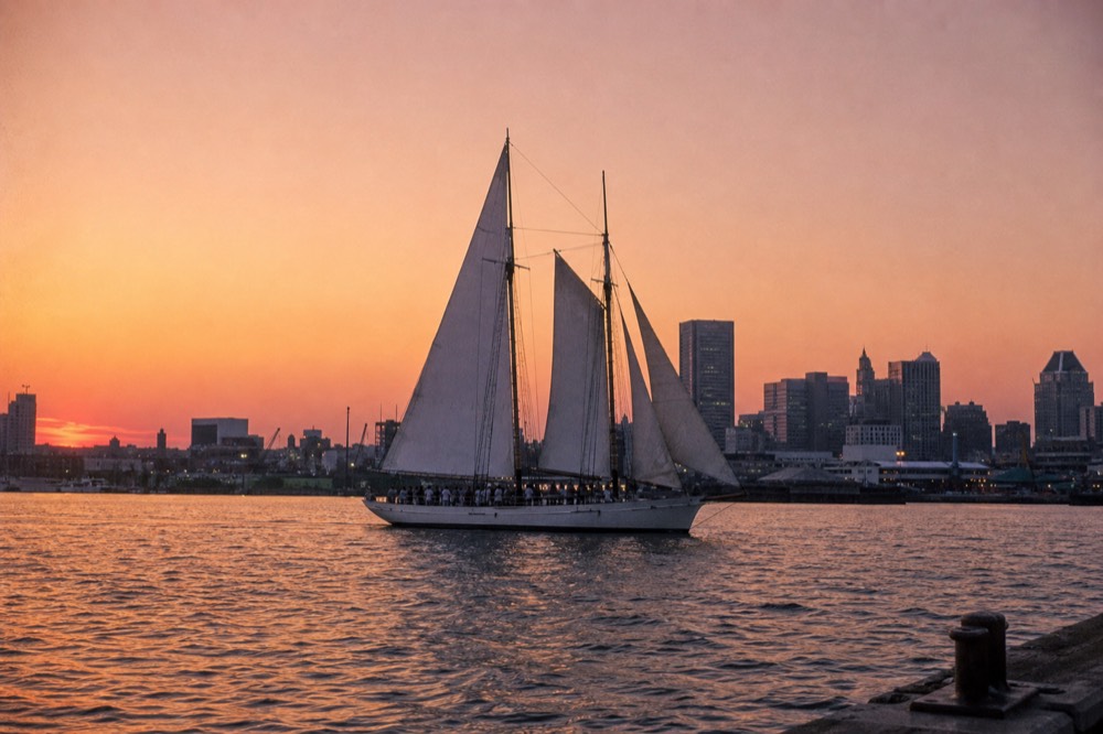 A white schooner under full sail silhouetted against a pink and orange sunset sky, the last light rippling gold across the harbor and the city skyline low on the horizon