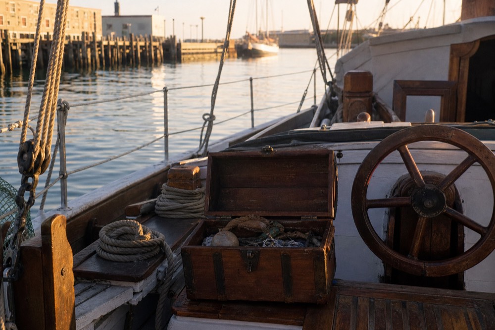 A small wooden treasure chest open on the deck of a boat beside coiled rope and a ship's wheel, warm afternoon light, harbor water blurred behind the rail